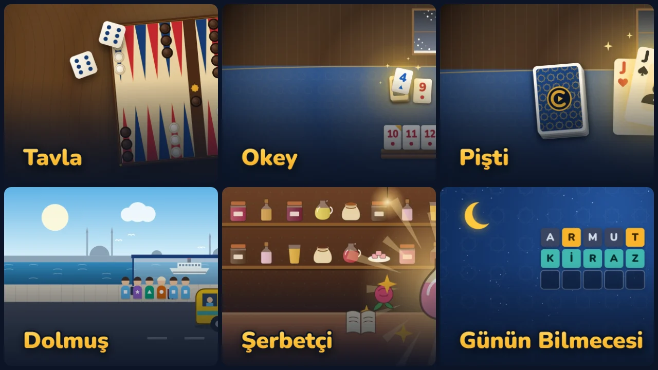 Sechs neue Spiele: Tavla, Okey, Pişti, Dolmuş, Şerbetçi und Das Rätsel des Tages